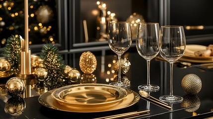 42. A festive dinner table with New Year is Eve decorations, including gold plates, wine glasses, and candles