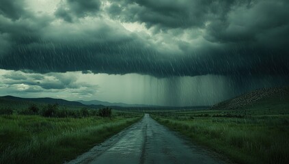 Rainy Road Through a Stormy Landscape