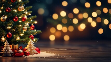 Christmas background and Christmas tree and sparkling bokeh lights in winter, merry christmas card holiday Happy New Year, space for text