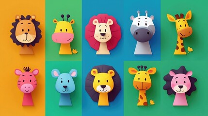 Colorful cartoon animal heads displayed in a playful, vibrant arrangement.