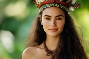 A young Māori woman wearing a traditional kākahu (cloak) and a hei tiki pendant, standing proudly in front of a wharenui (meeting house)