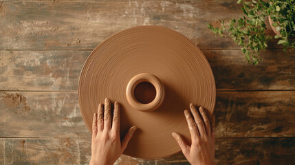 potter hands skillfully shaping clay vase on spinning wheel, showcasing artistry and technique involved in pottery. earthy tones and textures create calming atmosphere