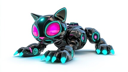 A Black, Futuristic, Mechanical Cat with Glowing Blue and Pink Eyes