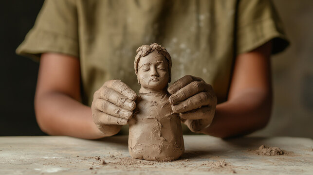 Sculpting clay into detailed figure, womanâ€™s hands showcase artistry and creativity. focus on intricate details highlights beauty of craftsmanship