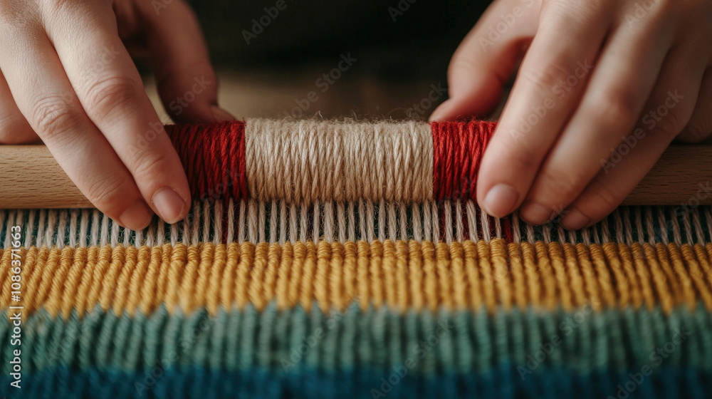 Poster weaving hands create colorful tapestry with vibrant threads, showcasing traditional craftsmanship an