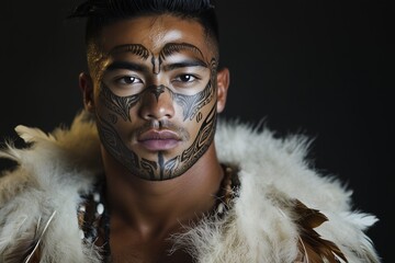 Maori man in traditional costume and war paint. moko kauae (chin tattoo)