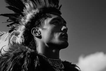 Maori man in traditional costume and war paint. moko kauae (chin tattoo)