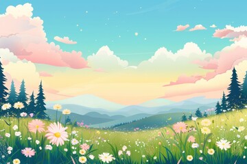 Fototapeta premium Colorful Landscape with Blooming Wildflowers and Rolling Hills