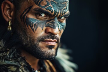 Fototapeta premium Maori man in traditional costume and war paint. moko kauae (chin tattoo)