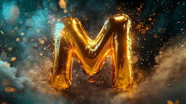 A cute balloon-shaped letter 'M' in gold colors, multicolored particles and color smoke background