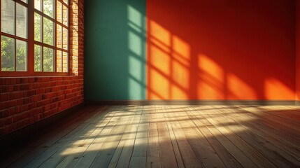 Brightly lit room with colorful walls and wooden flooring.