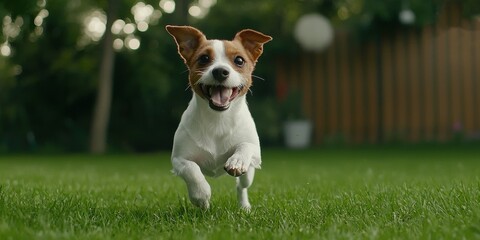Happy dog running in a green park, showcasing playful energy and joy.