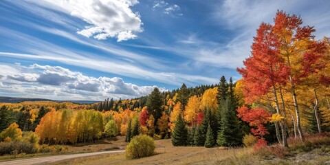 Fototapeta premium A beautiful display of changing autumn colors on the trees in a forest landscape, fall, outdoor setting, deciduous trees, tree branches