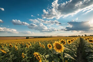 Obraz premium A beautiful field of sunflowers stretching towards the horizon against a bright blue sky with fluffy white clouds and a warm golden light, natural, sunflowers, landscape, outdoors, golden
