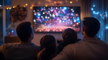 Naklejka premium 11. A family watching a live broadcast of the New Year is Eve ball drop on a TV screen