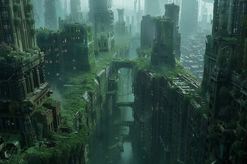 "A post-apocalyptic city overtaken by vines and nature, captured in a dystopian yet optimistic ultra-detailed scene. made with generative ai