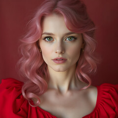 Fototapeta premium Una bella dama de pelo rosa, con un hermoso traje rojo