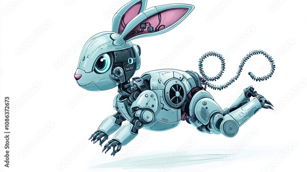 Poster futuristic robotic rabbit in flight with mechanical tail