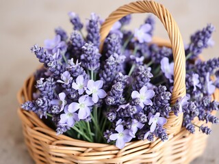 Fototapeta premium A bunch of fresh lavender flowers in a woven basket with a natural fiber handle, garden decor, spring bouquet