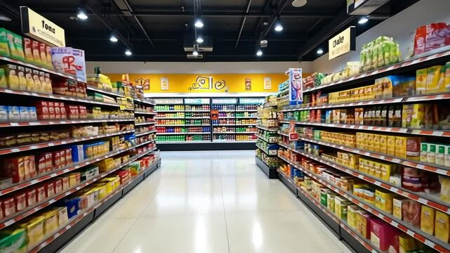 The image shows a supermarket aisle with cereal, tea, and beverage products. The packaging is brightly colored and there are signs with prices and discounts.