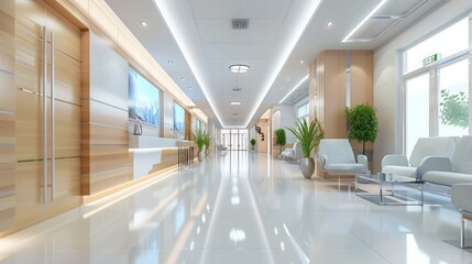 Obraz premium Modern healthcare corridor design urban hospital interior architecture bright environment wide-angle view innovation in healthcare