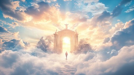 A Solitary Figure Walks Towards A Heavenly Archway