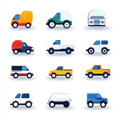 Colorful Flat Design Icon Collection of Various Vehicles Perfect for Transport and Delivery Themes in Digital Art and Web Design Projects