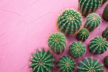 Obraz premium A cluster of green cacti arranged in a pattern on a bright pink surface, botanical design, abstract art, succulent arrangement, green cacti, pink surface