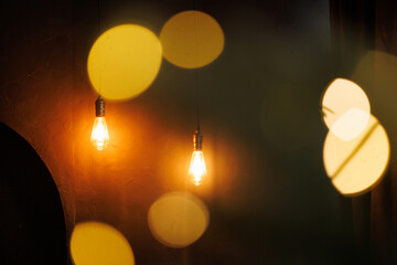 Two dark-light bulbs on a long cord are twined from the ceiling. Bokeh circles, background concept.