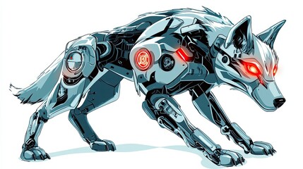A Metallic Wolf Robot With Glowing Red Eyes