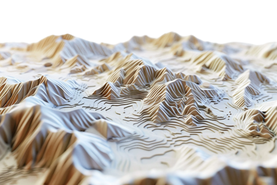 Topographic map isolated on clear transparent background showcasing terrain features and elevations in detail