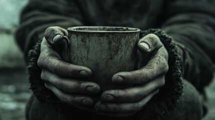 Embracing Hope: Solitary Cup Held in Gritty Hands for Warmth and Symbolism