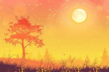 A single tree silhouetted against a glowing orange and yellow sunset with a full moon in the sky.