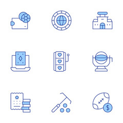 Betting icons set. Line Duotone style, editable stroke. token, wallet, lottery, slot machine, american football, casino, online casino, rake