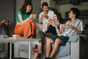 Four young adults share coffee and laughter in a cozy living room setting, depicting friendship and...