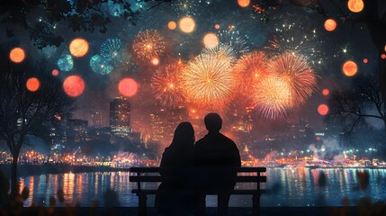 18. A couple sitting on a bench watching fireworks over a New Year is Eve carnival