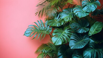 Lush green leaves against a vibrant pink wall create a tropical aesthetic.