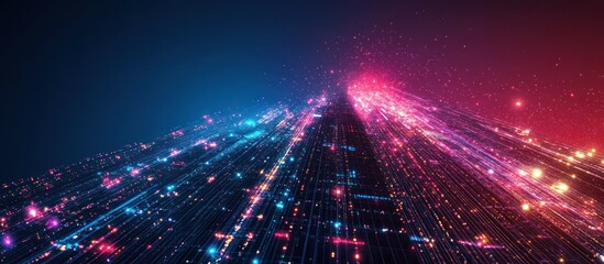 Fototapeta premium Abstract futuristic digital background with glowing lines converging in the distance.