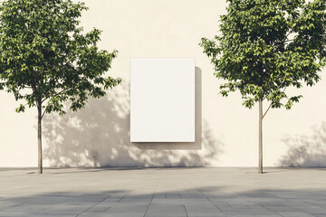 Blank vertical billboard on a sunlit wall, flanked by trees casting soft shadows. Ideal for showcasing advertisements, posters, or branding in an open, natural setting.