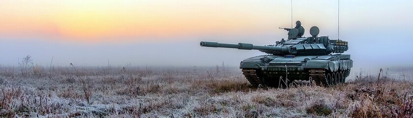 Military Tank in Frosty Landscape at Sunrise with Soldier on Top, Capturing a Misty Morning Scene with Cold Colors and Tranquil Atmosphere in Nature