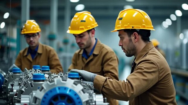 A factory assembly line shows male workers assembling engine parts under bright lights. They are focused on alternators and caps. It's an indoor, horizontal industrial scene.