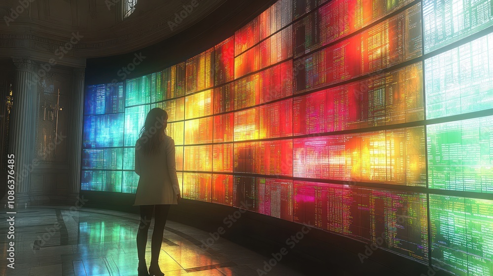 Poster a person gazes at a vibrant digital display of data visualizations.