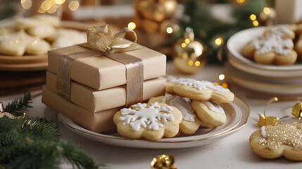 A cheerful holiday spread with gift boxes stacked near a plate of Christmas cookies and festive decor like bells and ribbons 