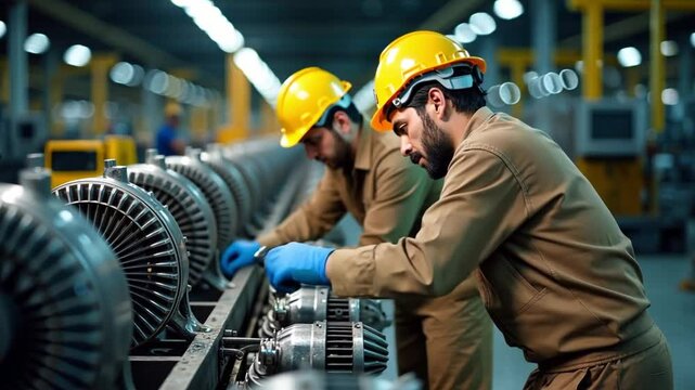 A factory assembly line shows male workers assembling engine parts under bright lights. They are focused on alternators and caps. It's an indoor, horizontal industrial scene.