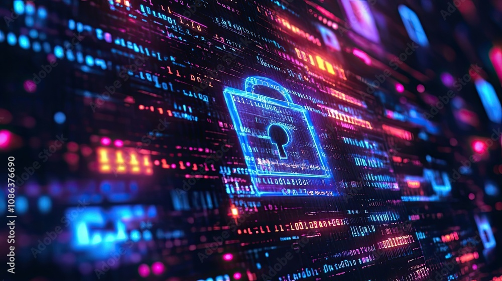 Poster a glowing padlock icon on a digital background of binary code and bright colors.