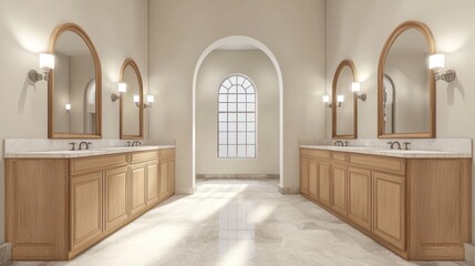 Modern bathroom with wooden cabinets, dual sinks, and arched mirrors, light background. Contemporary home or hotel concept. 3D Rendering 