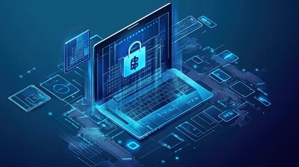 Laptop with Shopping Bag Icon and Secure Payment Symbol on Blue Background