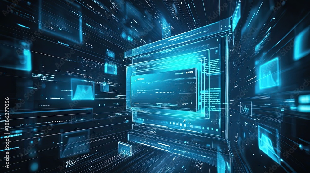 Poster abstract digital interface with glowing blue lines and rectangles
