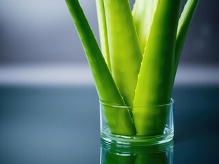 Obraz premium Close-up of an aloe vera plant with thick leaves and vibrant green color standing upright in a clear glass vase submerged in a shallow pool of water, greenery, outdoor still life, plants