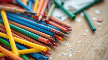 Close-up of colored plasticine sticks and tools on a wooden work surface with a few scattered fragments of paper, artisanal craft, modeling clay, artistic supply storage